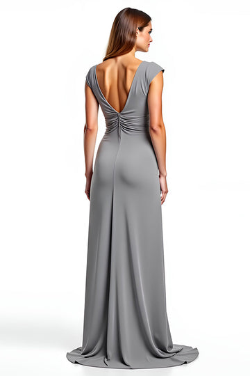Silver Sheath Ruched Mother of the Bride Dress with Cap Sleeves